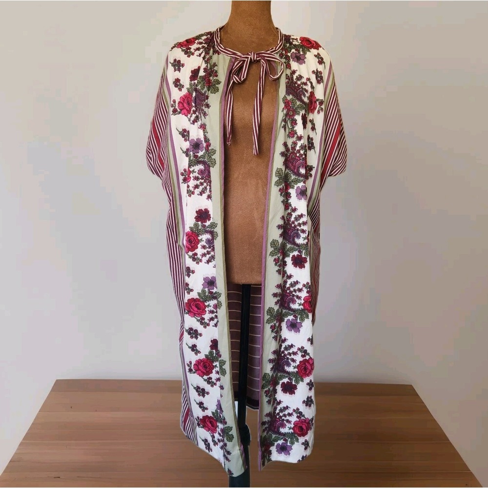 Handmade Vintage Cardigan Robe Short Sleeve Women's Floral Roses‎ Striped OS